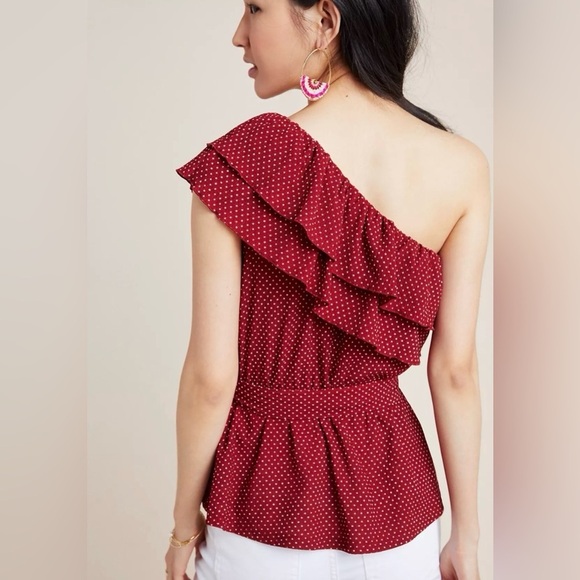 ANTHROPOLOGIE Maeve Rita Ruffled One Shoulder Top Polka Dot Size Small P NWT - Picture 2 of 16